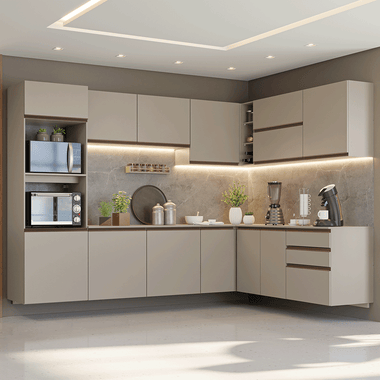 Combo completo de Cocina Esquinera Flotante 465 cm 9 Puertas 1 Cajón con Mueble para Horno y Microondas Crema Nice Madesa