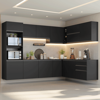 Combo completo de Cocina Esquinera Flotante 465 cm 13 Puertas 3 Cajones con Mueble para Horno y Microondas Negro Nice Madesa