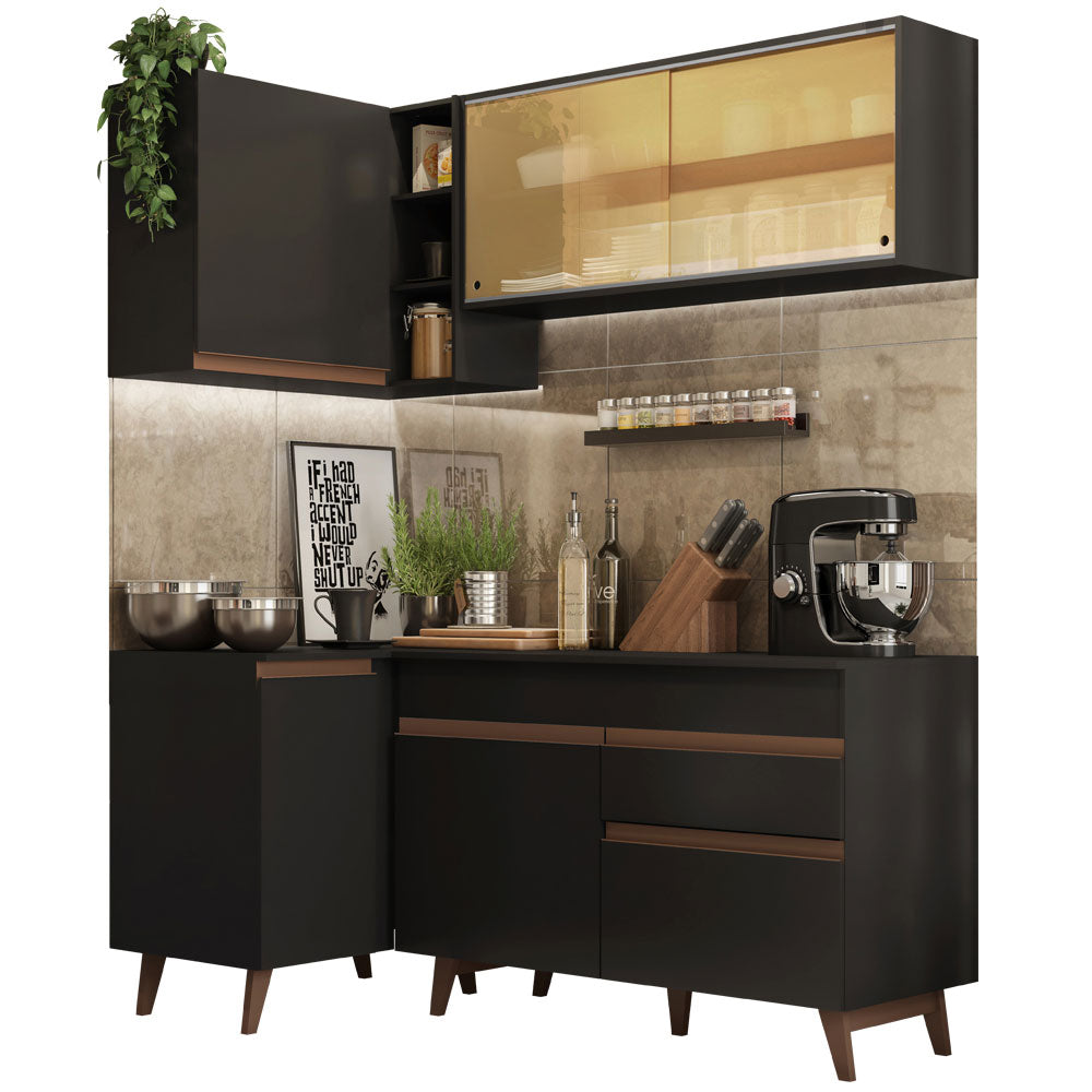 Combo completo de Cocina Esquinera 262 cm 6 Puertas 1 Cajón Negro Reims Madesa