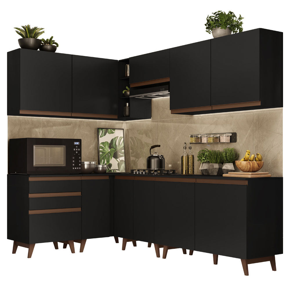 Combo completo de Cocina Esquinera 392 cm 10 Puertas 3 Cajones Negro Reims Madesa