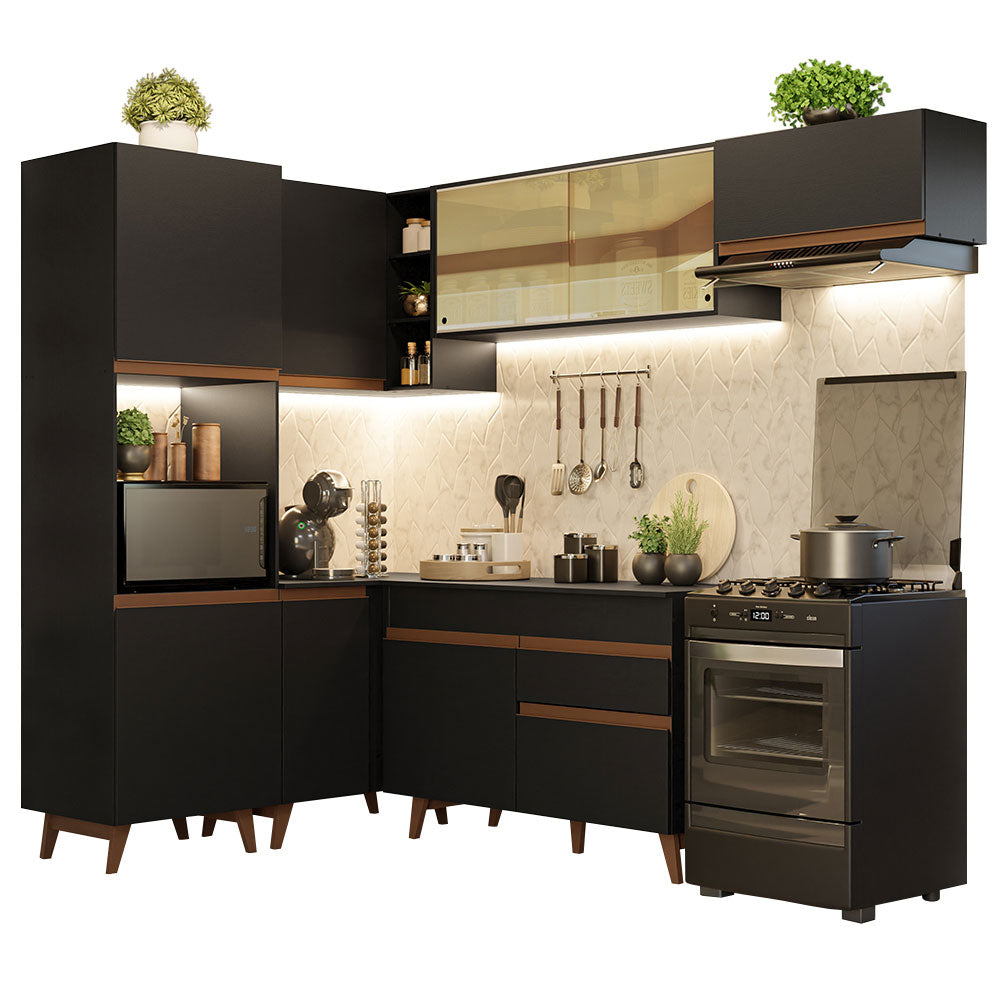 Combo completo de Cocina Esquinera 392 cm 9 Puertas 1 Cajón Negro Reims Madesa