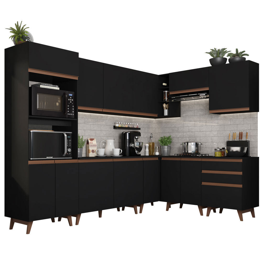Combo completo de Cocina Esquinera 462 cm 13 Puertas 3 Cajones Negro Reims Madesa
