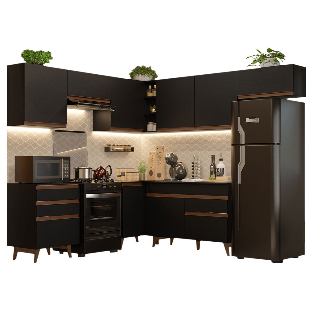 Combo completo de Cocina Esquinera 462 cm 9 Puertas 4 Cajones Negro Reims Madesa