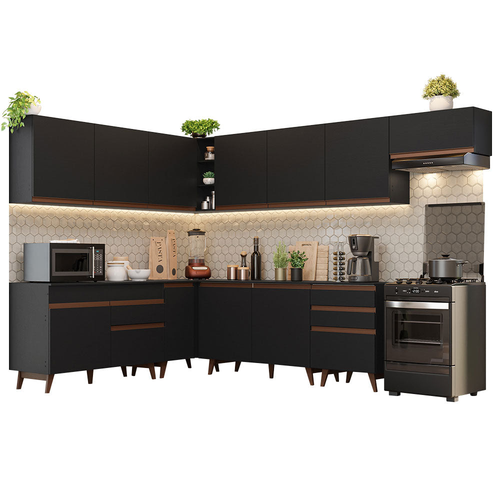 Combo completo de Cocina Esquinera 512 cm 12 Puertas 4 Cajones Negro Reims Madesa