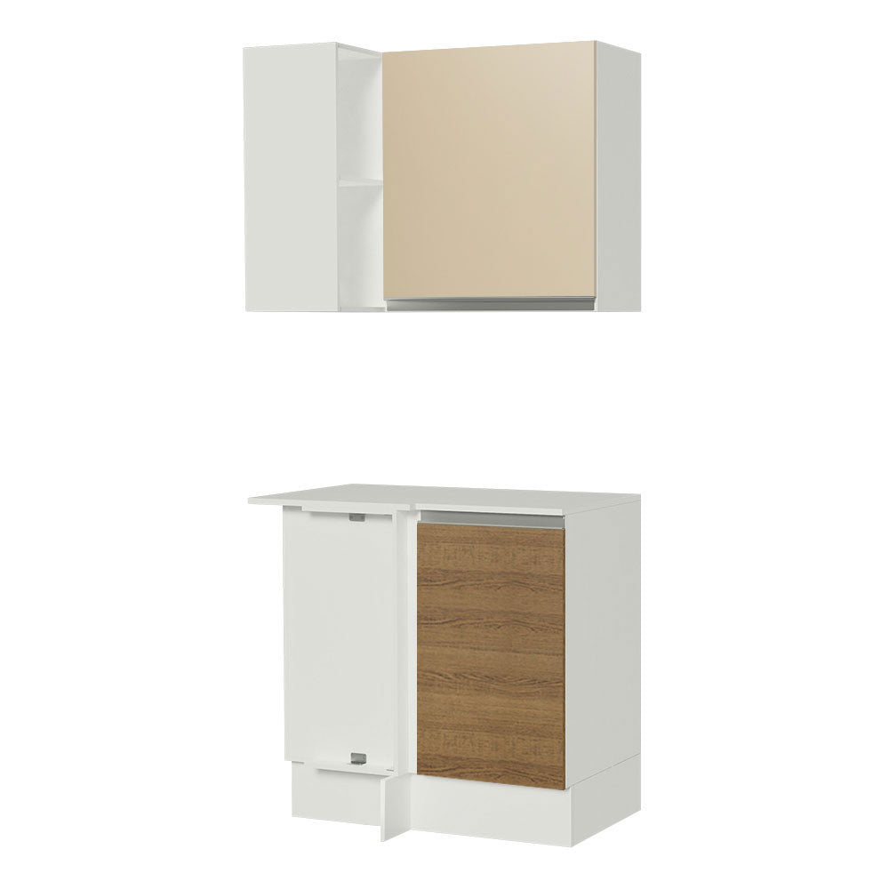 Kit Cocina Esquinera 100% MDF 2 Puertas y Nicho Marrón/Crema/Blanco Smart Madesa