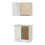 Kit Cocina Esquinera 100% MDF 2 Puertas y Nicho Marrón/Crema/Blanco Smart Madesa
