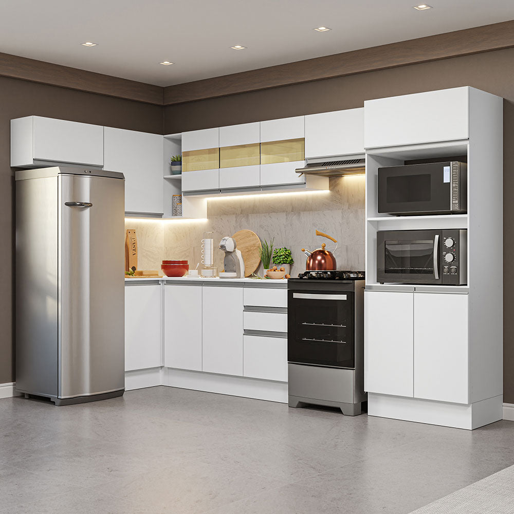 Combo completo de Cocina Esquinera Smart 100% MDF 447 cm 18 Puertas 2 Cajones (Con Mesada) Blanco Madesa