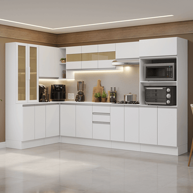 Combo completo de Cocina Esquinera 447 cm 18 Puertas 2 Cajones 100% MDF Blanco Smart Madesa