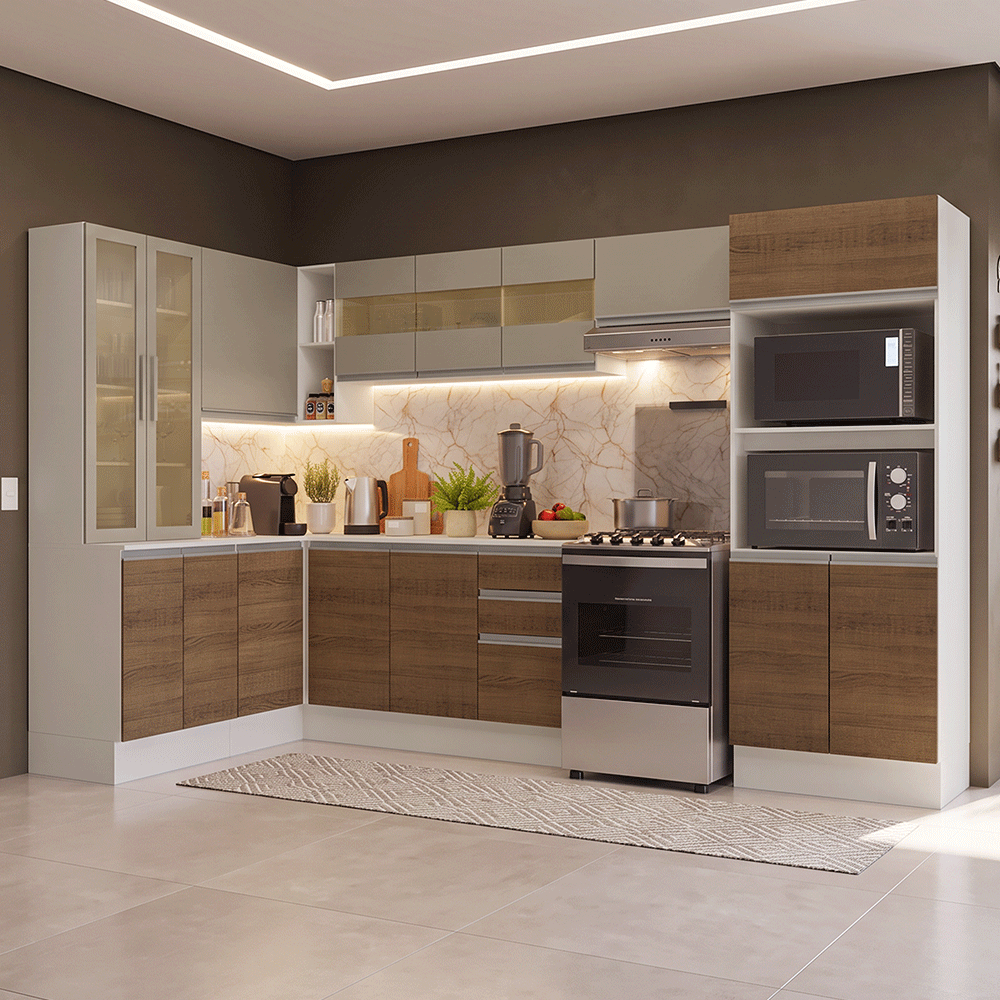 Combo completo de Cocina Esquinera 447 cm 100% MDF Blanco/Marrón/Crema Smart Madesa