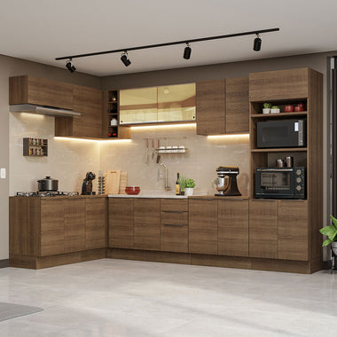 Combo completo de Cocina Esquinera 499 cm 16 Puertas 3 Cajones Sin Mesada Marrón Stella Madesa