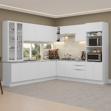 Combo completo de Cocina Esquinera 549 cm con Cristalero 17 Puertas 3 Cajones Sin Mesada Blanco Stella Madesa