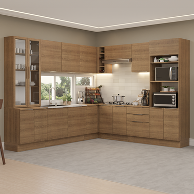 Combo completo de Cocina Esquinera 549 cm con Cristalero 17 Puertas 3 Cajones Sin Mesada Marrón Stella Madesa
