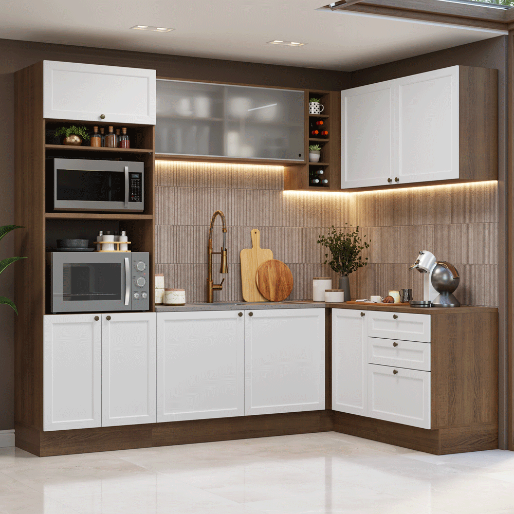 Combo completo de Cocina Esquinera 399 cm 10 Puertas 3 Cajones Sin Mesada Marrón/Blanco Vik Madesa