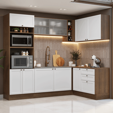 Combo completo de Cocina Esquinera 399 cm 10 Puertas 3 Cajones Sin Mesada Marrón/Blanco Vik Madesa