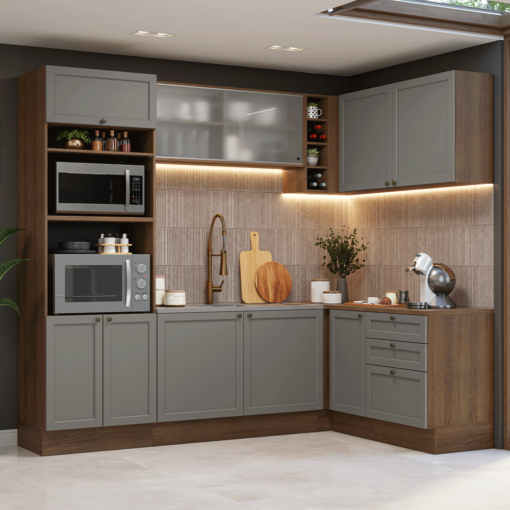 Combo completo de Cocina Esquinera 399 cm 10 Puertas 3 Cajones Sin Mesada Marrón/Gris Vik Madesa