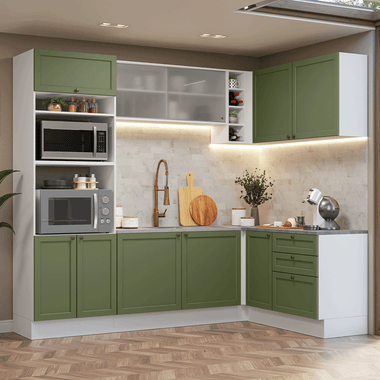 Combo completo de Cocina Esquinera 399 cm 10 Puertas 3 Cajones Sin Mesada Blanco/Verde Vik Madesa