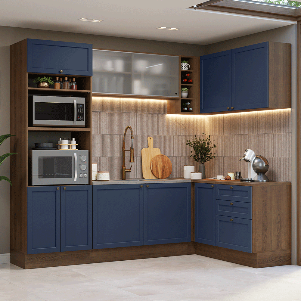 Combo completo de Cocina Esquinera 399 cm 10 Puertas 3 Cajones Sin Mesada Marrón/Azul Vik Madesa