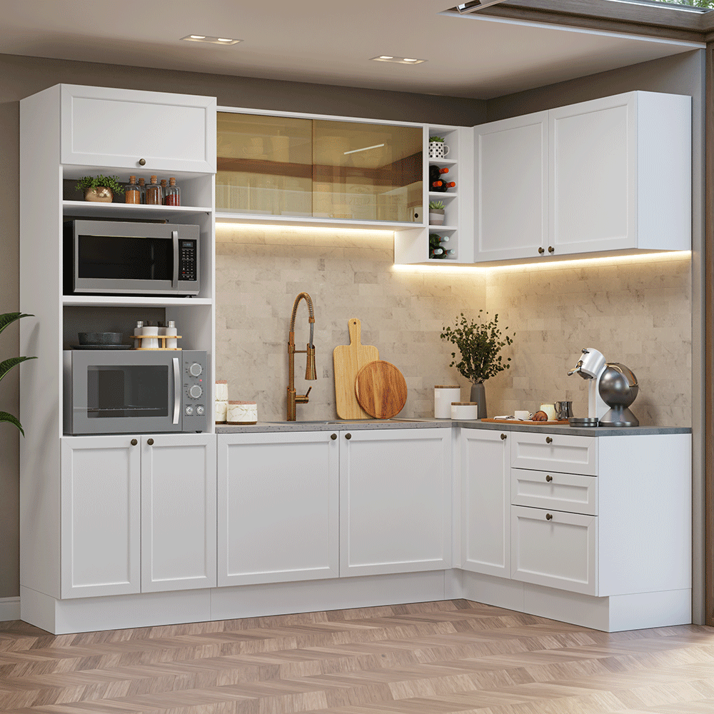 Combo completo de Cocina Esquinera 399 cm 10 Puertas 3 Cajones Sin Mesada Blanco Vik Madesa