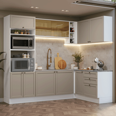 Combo completo de Cocina Esquinera 399 cm 10 Puertas 3 Cajones Sin Mesada Blanco/Crema Vik Madesa