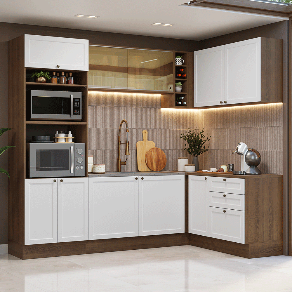 Combo completo de Cocina Esquinera 399 cm 10 Puertas 3 Cajones Sin Mesada Marrón/Blanco Vik Madesa