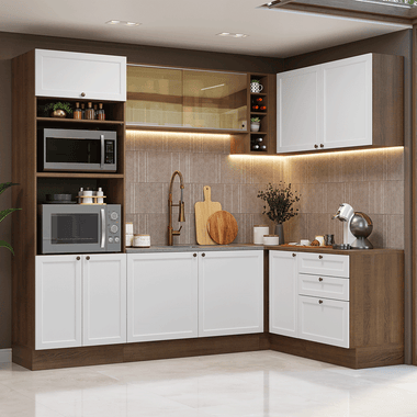 Combo completo de Cocina Esquinera 399 cm 10 Puertas 3 Cajones Sin Mesada Marrón/Blanco Vik Madesa