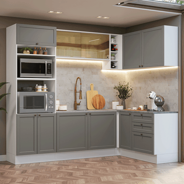 Combo completo de Cocina Esquinera 399 cm 10 Puertas 3 Cajones Sin Mesada Blanco/Gris Vik Madesa