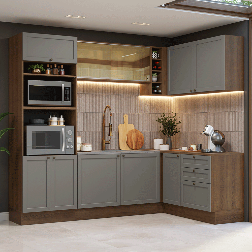 Combo completo de Cocina Esquinera 399 cm 10 Puertas 3 Cajones Sin Mesada Marrón/Gris Vik Madesa