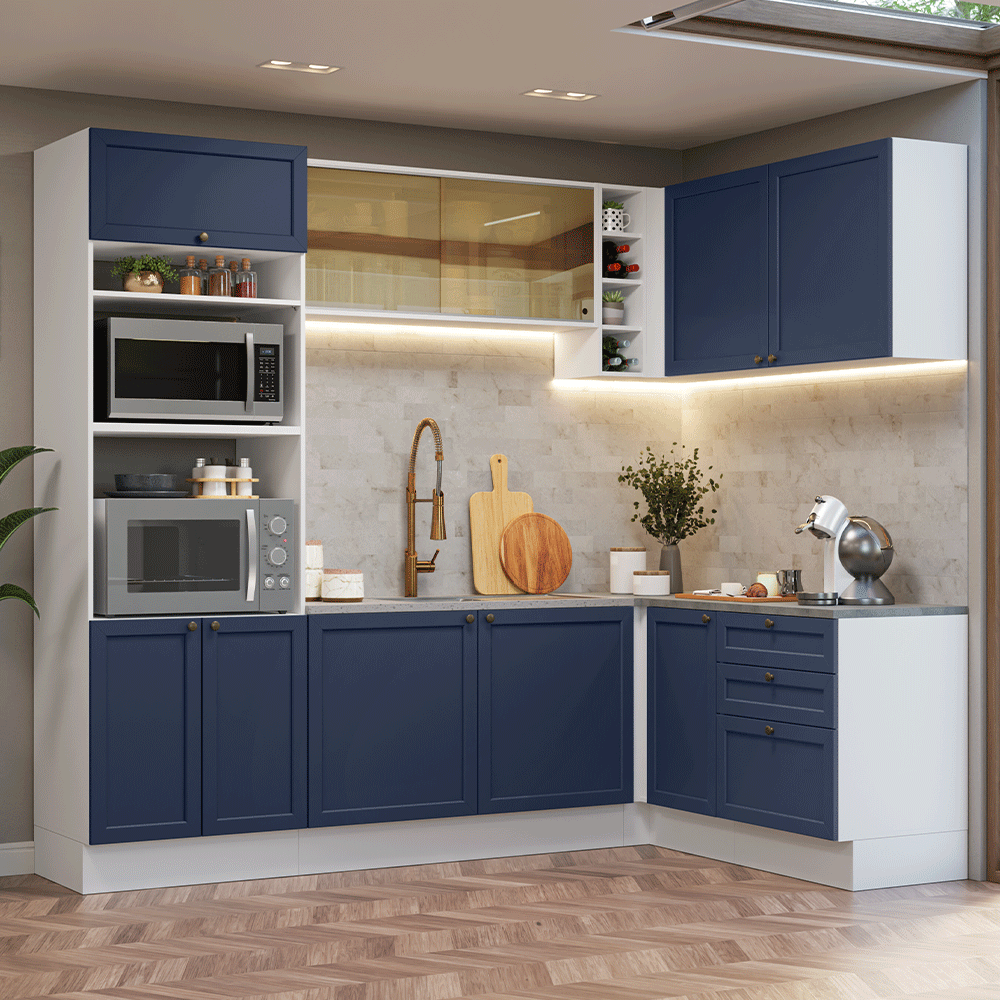 Combo completo de Cocina Esquinera 399 cm 10 Puertas 3 Cajones Sin Mesada Blanco/Azul Vik Madesa