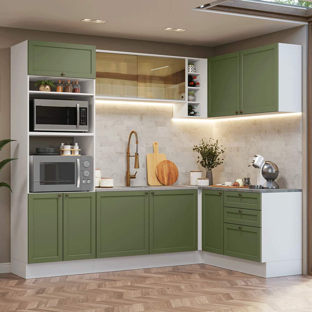 Combo completo de Cocina Esquinera 399 cm 10 Puertas 3 Cajones Sin Mesada Blanco/Verde Vik Madesa