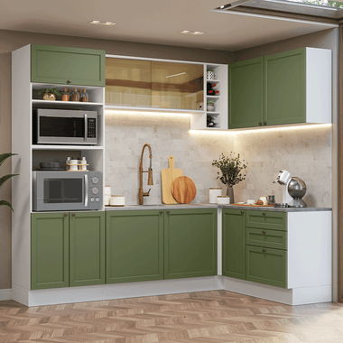 Combo completo de Cocina Esquinera 399 cm 10 Puertas 3 Cajones Sin Mesada Blanco/Verde Vik Madesa