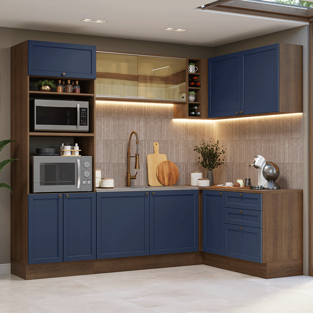 Combo completo de Cocina Esquinera 399 cm 10 Puertas 3 Cajones Sin Mesada Marrón/Azul Vik Madesa