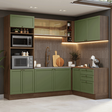 Combo completo de Cocina Esquinera 399 cm 10 Puertas 3 Cajones Sin Mesada Marrón/Verde Vik Madesa
