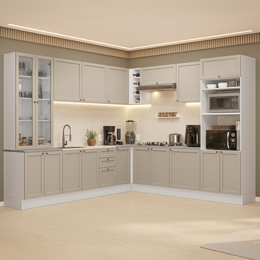 Combo completo de Cocina Esquinera 549 cm con Cristalero 18 Puertas 3 Cajones Sin Mesada Blanco/Crema Vik Madesa