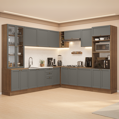 Combo completo de Cocina Esquinera 549 cm con Cristalero 18 Puertas 3 Cajones Sin Mesada Marrón/Gris Vik Madesa