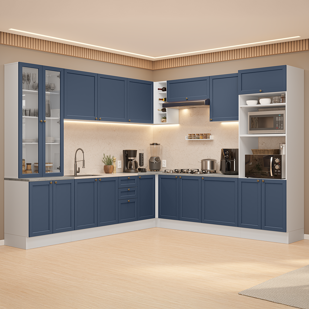 Combo completo de Cocina Esquinero 549 cm Blanco/Azul Vik Madesa 01