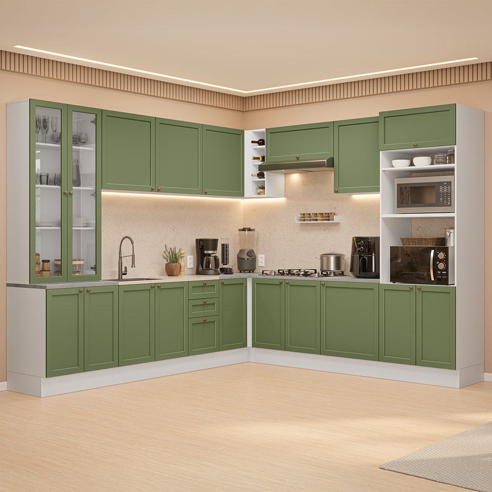 Combo completo de Cocina Esquinero 549 cm Blanco/Verde Vik Madesa 01