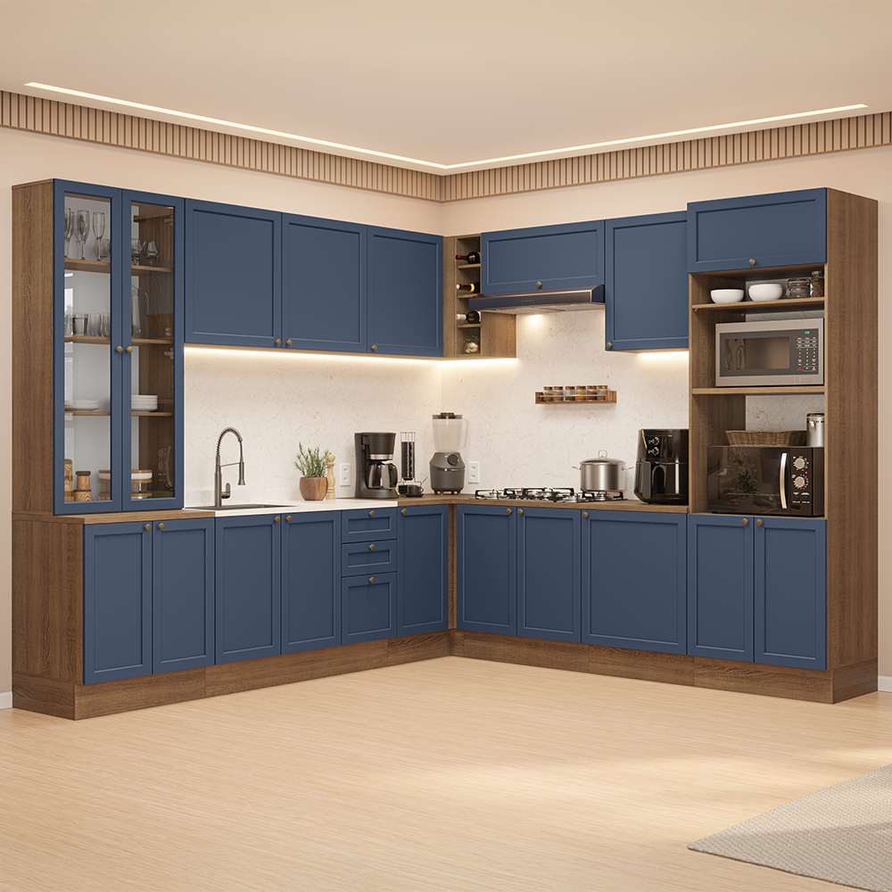 Combo completo de Cocina Esquinero 549 cm Marrón/Azul Vik Madesa 01