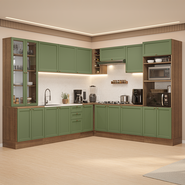 Combo completo de Cocina Esquinera 549 cm con Cristalero 18 Puertas 3 Cajones Sin Mesada Marrón/Verde Vik Madesa