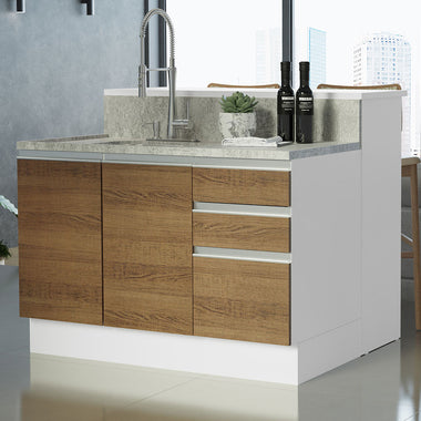 Isla de Cocina con Barra desayunador y Bajo Mesada 120 cm 2 Puertas 3 Cajones Blanco/Marrón Glamy Madesa