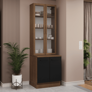 Kit Bajo Mesada y Cristalero 70 cm 4 Puertas Marrón/Negro Agata Madesa