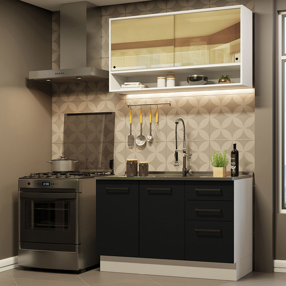 Cocina Compacta 120 cm 4 Puertas 3 Cajones Sin Mesada Blanco/Negro Agata Madesa