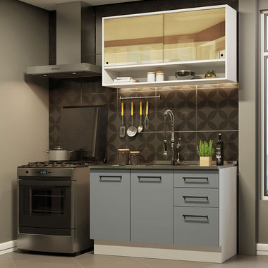 Cocina Compacta 120 cm 4 Puertas 3 Cajones Sin Mesada Blanco/Gris Agata Madesa