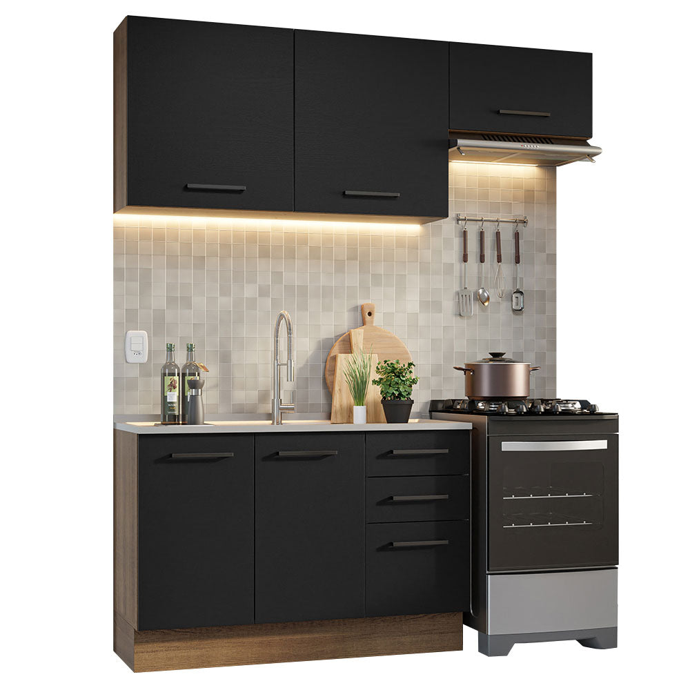 Cocina Compacta 180 cm 5 Puertas 3 Cajones Sin Mesada Marrón/Negro Agata Madesa