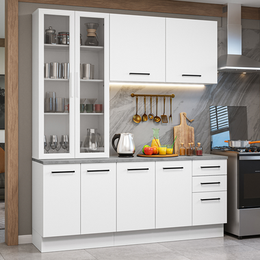 Cocina Compacta 190 cm 8 Puertas 3 Cajones con Cristalero Blanco Agata Madesa