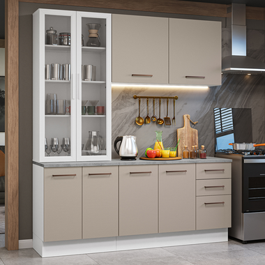 Cocina Compacta 190 cm 8 Puertas 3 Cajones con Cristalero Blanco/Crema Agata Madesa
