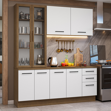 Cocina Compacta 190 cm 8 Puertas 3 Cajones con Cristalero Marrón/Blanco Agata Madesa