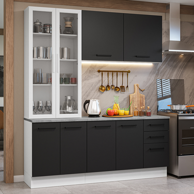 Cocina Compacta 190 cm 8 Puertas 3 Cajones con Cristalero Blanco/Negro Agata Madesa