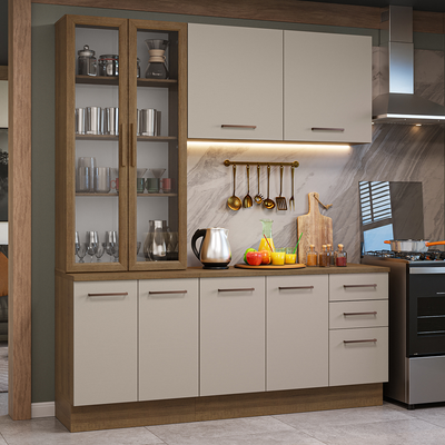 Cocina Compacta 190 cm 8 Puertas 3 Cajones con Cristalero Marrón/Crema Agata Madesa