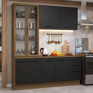 Cocina Compacta 190 cm 8 Puertas 3 Cajones con Cristalero Marrón/Negro Agata Madesa
