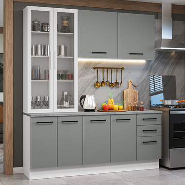 Cocina Compacta 190 cm 8 Puertas 3 Cajones con Cristalero Blanco/Gris Agata Madesa